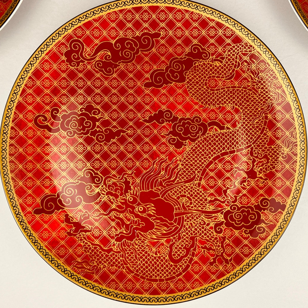 Williams Sonoma Lunar Dinner Plates SET OF 4 Dragon Red Gold 10 3/4" NEW